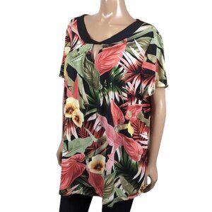 Laura Floral Print Top Twist Keyhole Neckline Short Sleeve Tropical Vacation